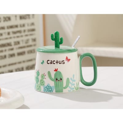 Hoge Schattige Cactus Beker Plant Cartoon met Handvat Waterbeker Keramische Koffiekop Afternoon Tea Mok 301-400ml