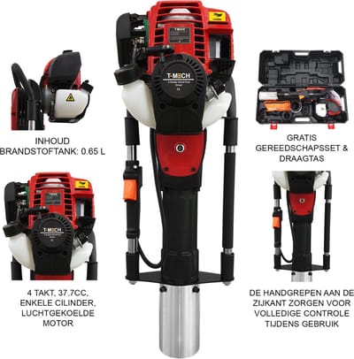 T-Mech Palenrammer Benzine - 4-takt - Slagkracht 55.59 Nm – 6500 t/min - Motor: 37.7 cc luchtgekoeld XY139-F