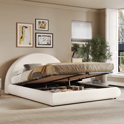 Gestoffeerd bed - 180x200 cm - Hydraulisch Opbergbed - Met Hoofdbord en Groot Opbergvak - Bouclé - Wit