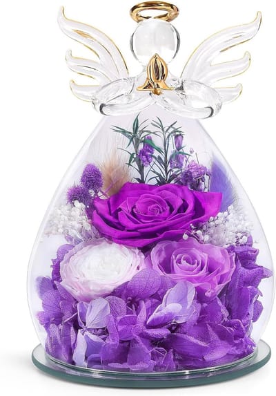 Bewaarde Roos Engel - Eeuwige Bloem Glas - Cadeau Vrouwen - Handgemaakt Verlicht Beeldje - Diameter 9.8 cm - Paars