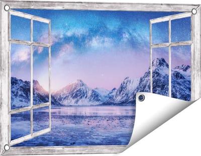 Gards Tuinposter Doorkijk Melkweg bij de Besneeuwde bergen - 60x40 cm - Tuindoek - Tuindecoratie - Wanddecoratie buiten - Tuinschilderij