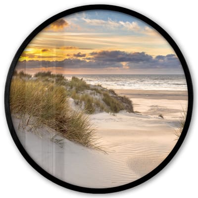 Poster in lijst Rond - Fotolijst 40x40 cm - Posters - Strand - Duin - Gras - Zonsondergang - Zee - Ronde posterlijst zwart - Decoratie - Wanddecoratie woonkamer - Muurdecoratie slaapkamer