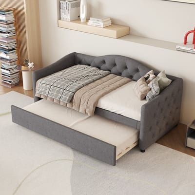 PHOEBE CAT Slaapbank - 90 x 200 cm - Gestoffeerde zijkanten - Met uitschuifbaar bed - Linnen - Grijs