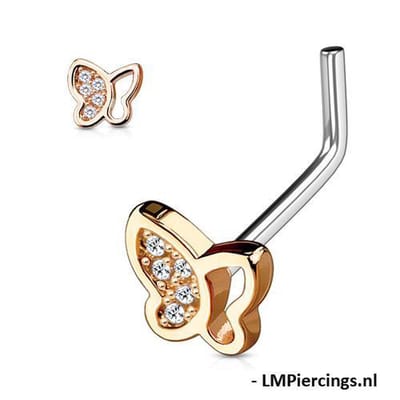Neuspiercing L-bend vlinder met halve glitter vleugel 0.8x6x5.5 - rose - LMPiercings