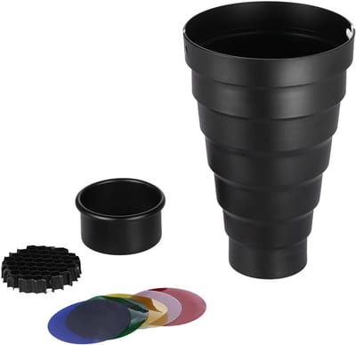Snoot met honingraat en kleurfilters voor flitsers zoals Impact EX en Calumet Genesis