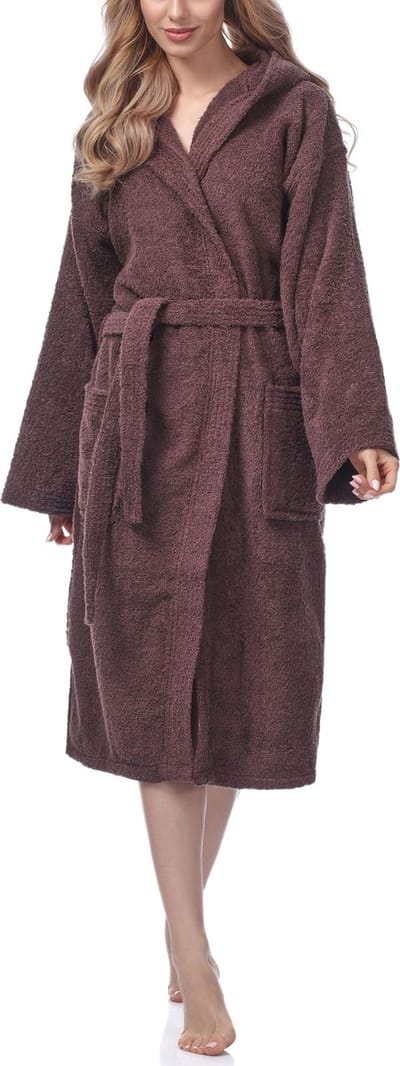 Ladeheid Dames Badjas met Capuchon - 100% Katoen - Wasmachine bestendig - Badstof – Bruin – S – LA-LA40-102-DG