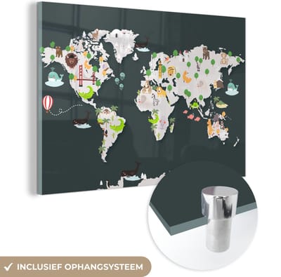 ® Glasschilderij 150x100 cm - Schilderij acrylglas - Wereldkaart - Dieren - Grijs - Foto op glas - Muurdecoratie woonkamer - Wanddecoratie slaapkamer - Schilderijen