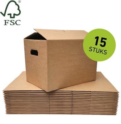 Stevige verhuisdozen - 15 stuks - handige Autolock bodem - FSC keurmerk - standaard formaat verhuisdoos - 51 Liter - verstevigde handvatten