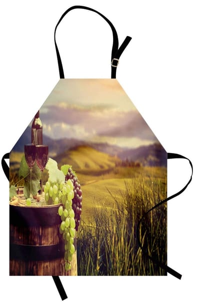 ABAKUHAUS wijnkookschort, Italië Toscane-landschap, landelijke wijngaard, herfstoogst, druiven, drinken, wijnbouw; kleurvast, in hoogte verstelbaar, wasbaar, heldere digitale afdruk; zwart, bruin, groen