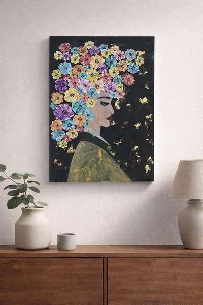 Bloei in Stilte – Origineel Handgeschilderd Schilderij – Vrouw met Bloemenhaar – 40x50 cm – Uniek Kunstwerk voor je Interieur