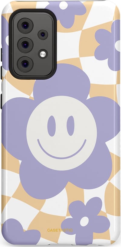 Casetastic hoesje geschikt voor Samsung Galaxy A52 (2021) 5G / Samsung Galaxy A52 (2021) 4G - Dubbellaagse bescherming - Madeliefjes magie - Fashion Case - Lila Wit Zand Lichtgrijs