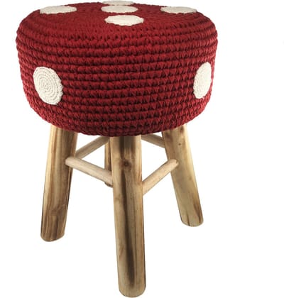 Luna-Leena duurzaam houten krukje /stoel + hoes paddenstoel rood met witte stippen - katoen - H40cm x 30ø cm - hand gehaakt in Nepal - kinderstoel - kinderkruk - kruk - kids decoration stool - rood met witte stippen