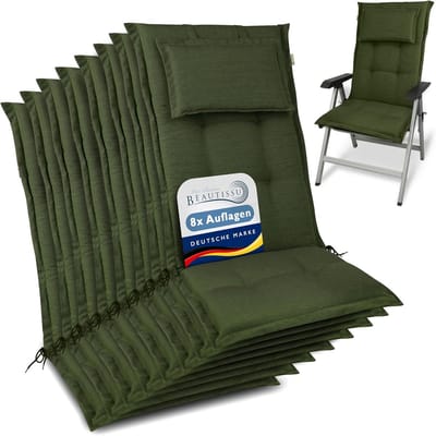 Beautissu HighLux HL – Set van 8 Tuinkussens Hoge Rug Kussen 120x50x7cm – Outdoor Zitkussen voor Tuinstoel Donkergroen