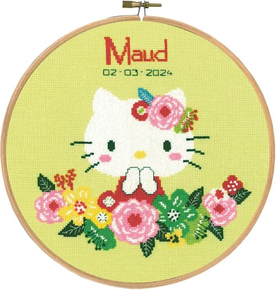 Vervaco - Telpakket kit met borduurring - Geboorte - Hello Kitty Green Floral - PN-0205101 - Borduren - Borduurpakket - Borduurpakket geboorte - Borduurpakket volwassenen