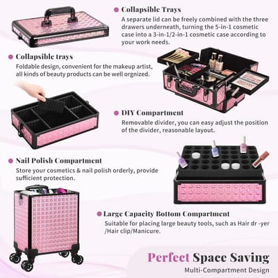 Make-up Koffer - Aluminium Roze - 5-in-1 Professioneel - Rollend met 360° Wielen - Voor Make-up Artists