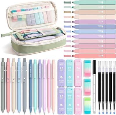 Aesthetic School Supplies Set met 39 Stuks, Inclusief Schattige Etui, Pastel Markers, Gelpennen en Mechanische Potloden voor Studenten en Creatieve Projecten