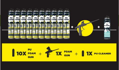Pro-Fix PU Foam Gun Pack – 10 Bussen PU Schuim, 1 PU Cleaner, 1 PU Schuimpistool – Voor Afdichten en Isoleren