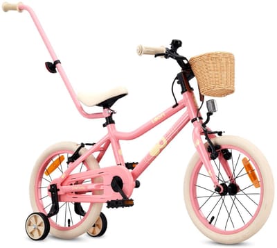 Sun Baby Kinderfiets 16 Inch LOOFI, Fiets voor Meisje 4-6 Jaar, lichtgewicht 6.9 kg aluminium frame, met zijwieltjes, mandje, bel, stickers - Roze