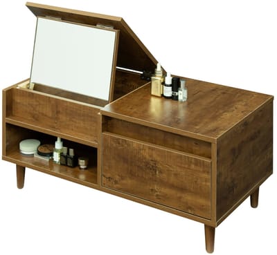 Velmio Badkamerkast Bamboe Wit - Opbergkast met 3 Niveaus - Met Opklapspiegel - Badkamerrek - Handdoekrek - Opbergrek voor Badkamer, Toilet en Wasruimte - 28 x 18 x 84,5 cm