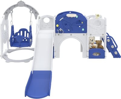 NAIZY Kinderglijbaan, grote blauwe peuterglijbaan met basketbalring, schommel, trap en opbergruimte Klimglijbaan voor peuters, binnen- en buitenspeelgoed voor peuters van 1-3 jaar