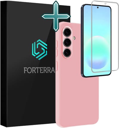 Hoesje Met Screenprotector - Geschikt voor Samsung Galaxy A57 - Sterk & Shockproof - Telefoon Hoes - Back Cover - Siliconen Case - Lichtroze