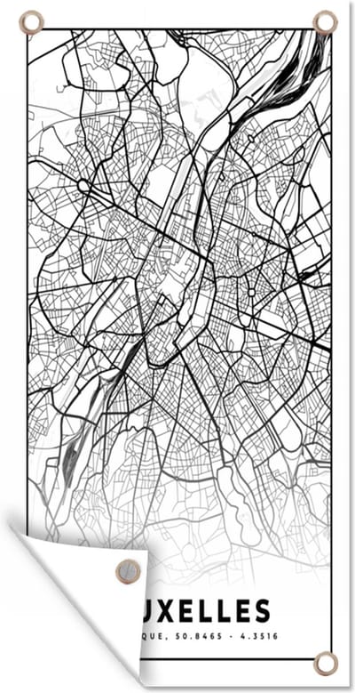 Schuttingposter Stadskaart – Zwart Wit - Kaart – Bruxelles – België – Plattegrond - 100x200 cm - Tuindoek