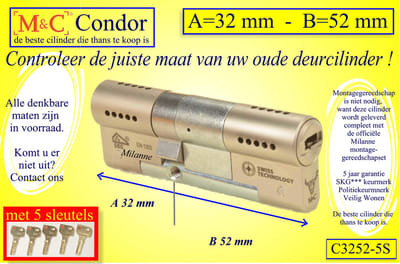M&C Conder high-tech security deurcilinder 32x52 mm MET 5 SLEUTELS - SKG*** - Politiekeurmerk Veilig Wonen  -  inclusief MilaNNE gereedschap montageset