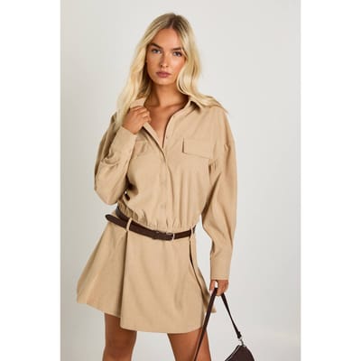 boohoo Dames Cord Blouson Shirt Mini-jurk | Stone | Maat: 8