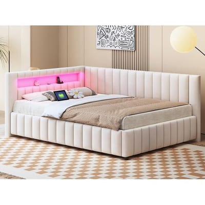 ModernLuxe Fluweel gestoffeerd dagbed - 140x200cm - met LED-verlichting en USB-aansluiting - Beige (matras niet inbegrepen)