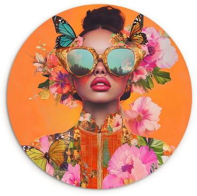 WallCircle® Wandcirkel 120x120 cm - Muurcirkel Vlinders - Vrouw - Zonnebril - Kleurrijk - Muurdecoratie woonkamer - Wanddecoratie slaapkamer - Kamer decoratie accessoires - Ronde schilderijen XXL