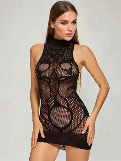 LekkerStout Jacquard Nachtjurkje - Transparant - Zwart - Sexy Lingerie | S-L | ( LS200 )