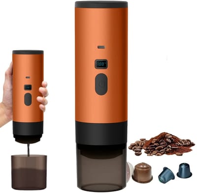 Hutjemutje - draagbare koffiezetapparaat - koffiemachine - draadloos voor in de auto - 12V - espresso - nespresso - dolce gusto - capsule koffie - gemalen koffie - oplaadbaar - oranje
