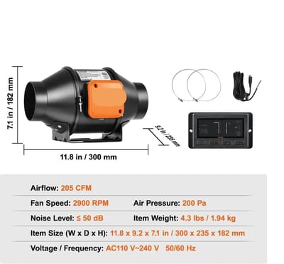 Buisventilator - Inline Kanaalventilator - Afzuig Ventilator - Stille Afzuigventilator - met Temperatuur - en Vochtigheidssensor - voor Badkamer - Kweekruimte - Woonruimte - EC 4Inch