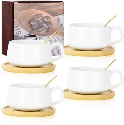Dailygoods - Cappuccino Kop & Schotel Set - 4 Stuks Porseleinen Koffiekopjes