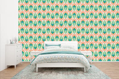 Behang - Fotobehang Retro - Bloemen - Design - Groen - Oranje - Breedte 400 cm x hoogte 240 cm