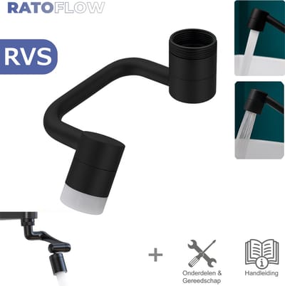 RATOFLOW® - Kraan Opzetstuk - Kraan Verlengstuk - kraankop - Zwart - RVS - draaibaar - 2 standen - perlator - roterend - flexibel - Opzetstuk - Verlengstuk - Rond model - keukenkraan - badkamerkraan - zwenkbaar - afwassen - M22 - M24
