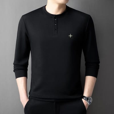 Nieuwe Lente Heren Ronde Hals Lange Mouw T-shirts, Modieuze en Casual Knopen Onderkleding Shirts, Tops voor Mannen van Middelbare Leeftijd XXXXL black