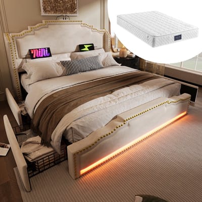DESMIU Gestoffeerd Bed 140x200cm Met Matras – Bed Met Ledverlichting, Usb- En Typec-Oplaadpunten – Opbergbedd Met 4 Lades – Voor Slaapkamer – Fluweel – Beige
