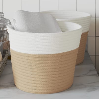 vidaXL - Opbergmanden - 2 - st - Ø - 24x18 - cm - katoen - beige - en - wit