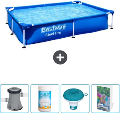 Bestway Rechthoekig Steel Pro Zwembad - 221 x 150 x 43 cm - Blauw - Inclusief Pomp - Chloor - Chloordrijver - Zwembadgids