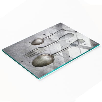 Decoratieve glazen keukensnijplank met bestek, 80x52 cm