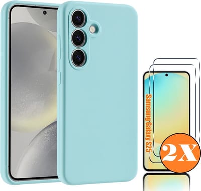 Hoesje geschikt voor Samsung Galaxy S25 Hoesje siliconen Mint Groen zacht TPU backcover - Met gehard glas screenprotector Galaxy S25 / S24 - 2 stuks