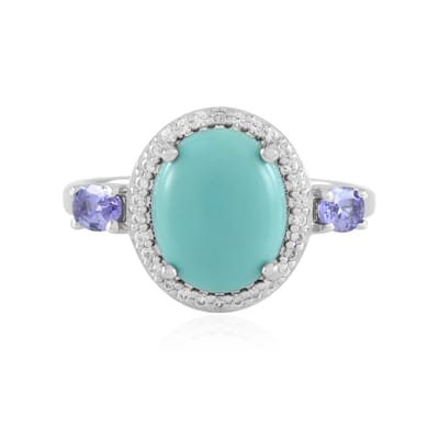 Cavill - Elegante damesring 925 Sterling Zilver platina verguld - Ovale Campitos Turkoois 2,508 ct - Tanzaniet & Zirkonia 3,069 ct