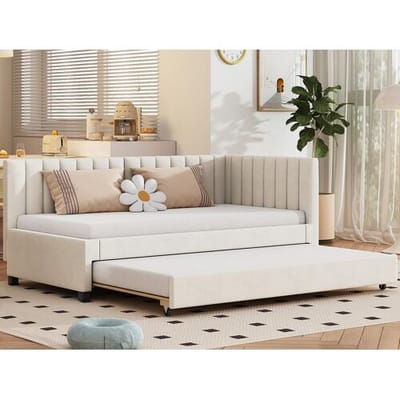 ModernLuxe Eenpersoonsbed 90x200 cm met onderschuifbed - bekleed met fluweel met lattenbodem - Beige