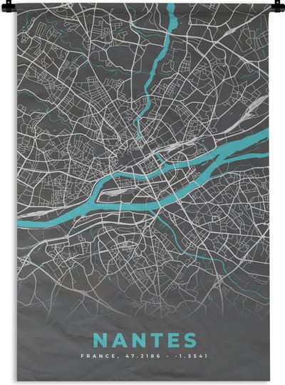 Wandkleed - Wanddoek - Nantes - Frankrijk - Kaart - Stadskaart - Plattegrond - 120x180 cm - Wandtapijt