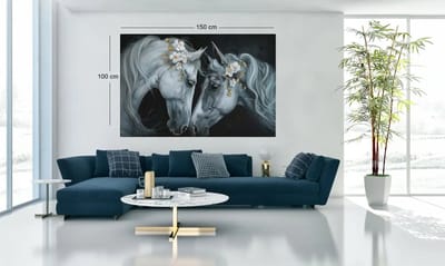 Canvas Schilderij - Witte Paarden met Bloemen - 60x40x2 cm