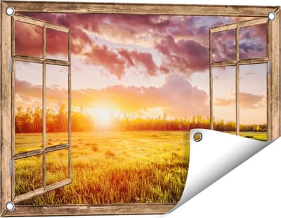 Gards Tuinposter Doorkijk Zonsopkomst in het Veld - 60x40 cm - Tuindoek - Tuindecoratie - Wanddecoratie buiten - Tuinschilderij