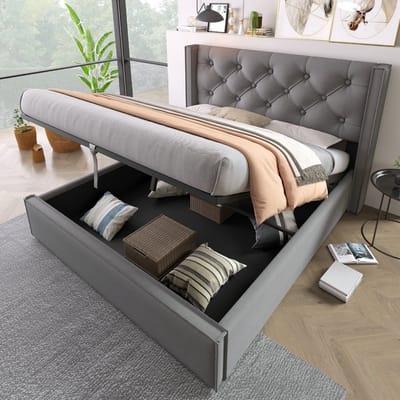 VVBV Gestoffeerd Opbergbed met Hydraulische Opbergruimte 140x200 cm - Lattenbodem - Metaal/Linnen Grijs