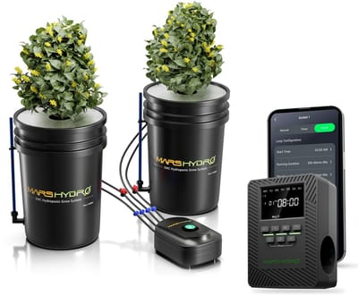 Mars Hydro DWC Hydroponics Set – 2×5 Gal (18,9L) Buckets – 8" Grow Baskets – Luchtpomp 8W – Compleet Hydrocultuur Systeem