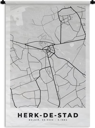 Wandkleed - Wanddoek - Stadskaart – Plattegrond – België – Zwart Wit – Herk de Stad – Kaart - 120x180 cm - Wandtapijt